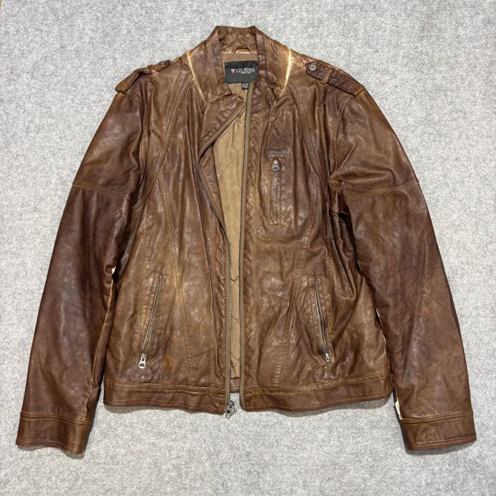 Guess Mens Faux Leather Racer Jacket Distressed Brown XL Moto Quilted Lining